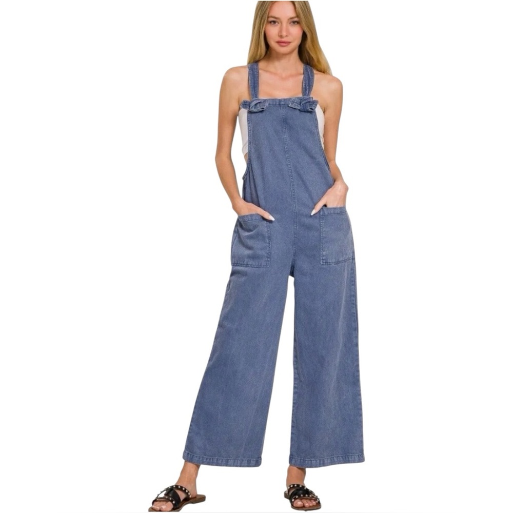 Zenana Strap Knot Overalls Lavender Washed Cotton Romper Jumpsuit S M L NWT - Picture 4 of 4